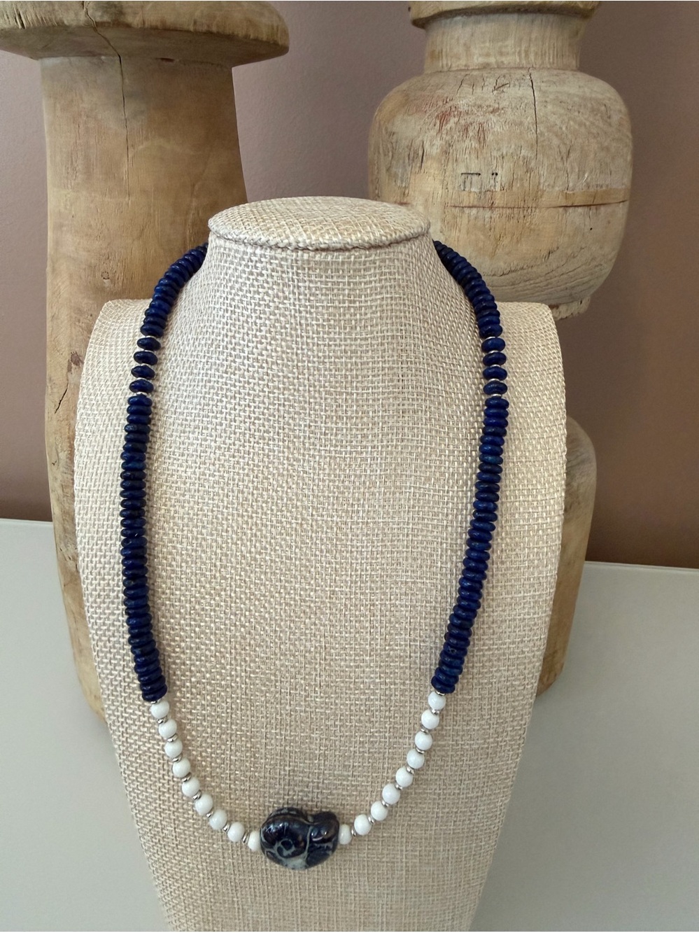 Hand-Strung Blue Lapis & White Natural Shell Necklace with Ceramic Shell Charm. - Picture 2 of 4